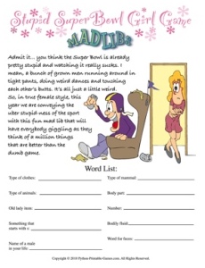 Super Bowl Printable Party Games: ANTI Super Bowl party ideas for girls - Super Stupid Mad Libs