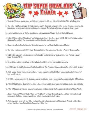 Super Bowl Printable Party Games: Super Bowl facts printable top ads